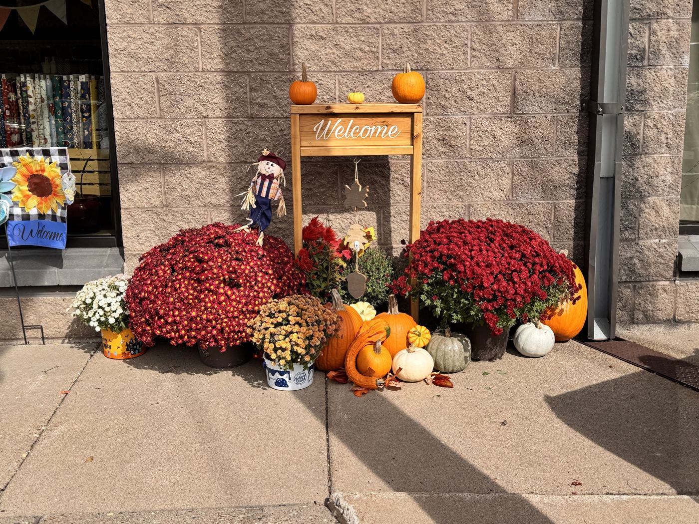 Storefront with a Welcome sign, red mums and pumpkins